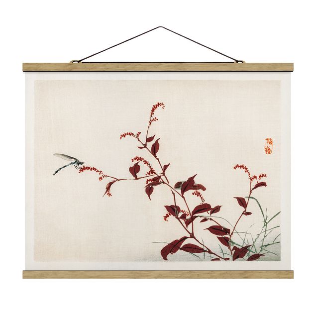 Prints floral Asian Vintage Drawing Red Branch With Dragonfly