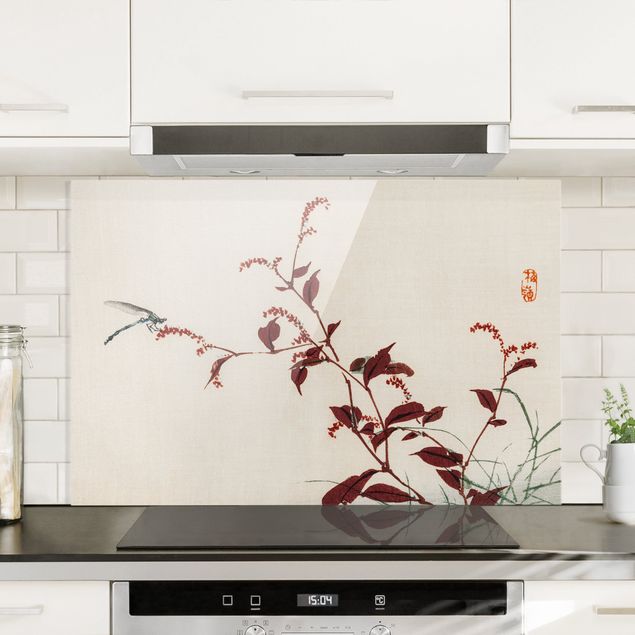 Kitchen Asian Vintage Drawing Red Branch With Dragonfly