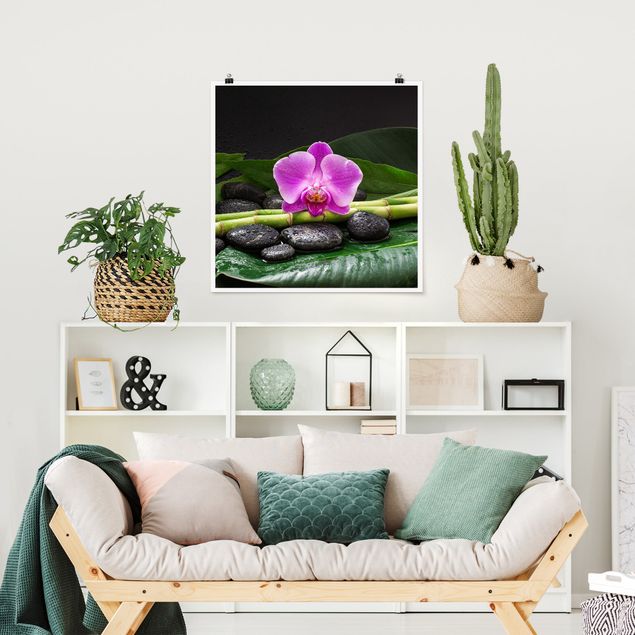 Bamboo framed art Green Bamboo With Orchid Flower