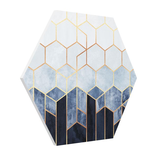 Contemporary art prints Golden Hexagons Blue White