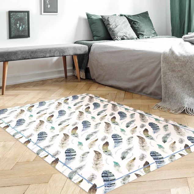 Balcony rugs Boho Watercolour Feathers In Earthy Colours With Frame