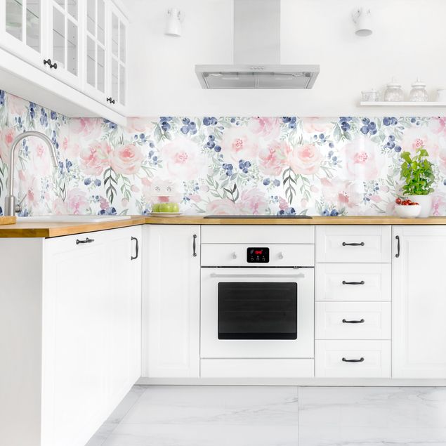 Kitchen splashback patterns Pink Roses With Blueberries In Front Of White