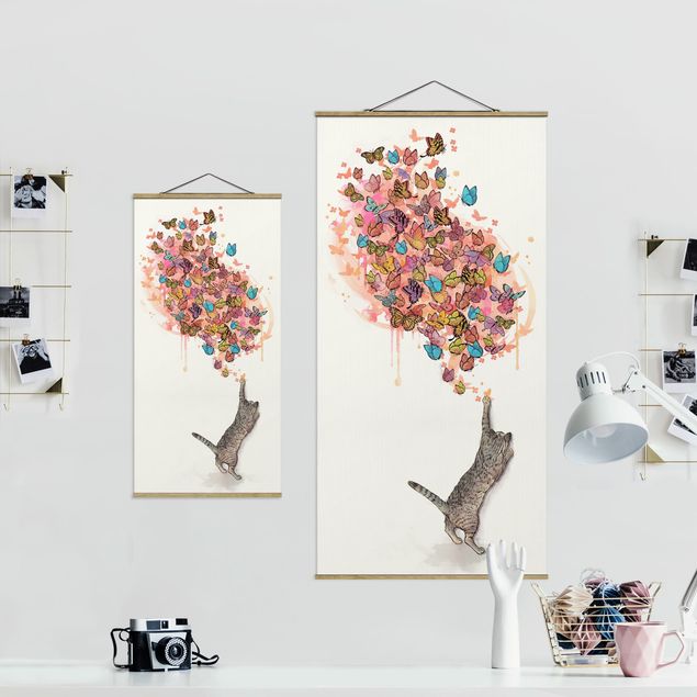 Modern art prints Illustration Cat With Colourful Butterflies Painting