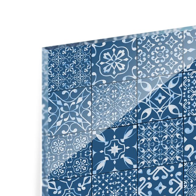 Glass Splashback - Pattern Tiles Navy White - Panoramic