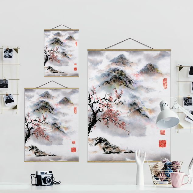 Prints floral Japanese Watercolour Drawing Cherry Tree And Mountains