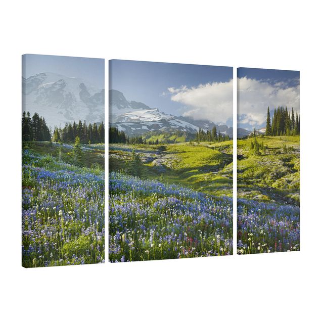 Prints trees Mountain Meadow With Blue Flowers in Front of Mt. Rainier