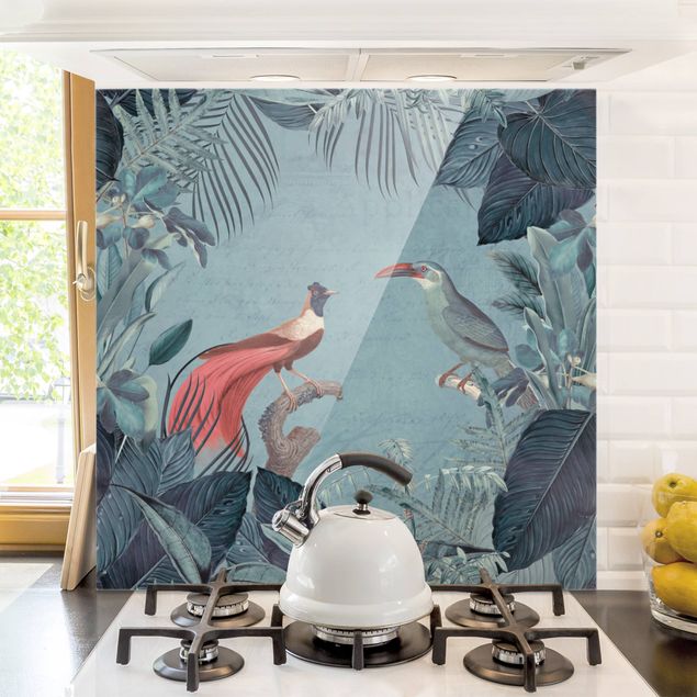 Kitchen Blue Gray Paradise With Tropical Birds
