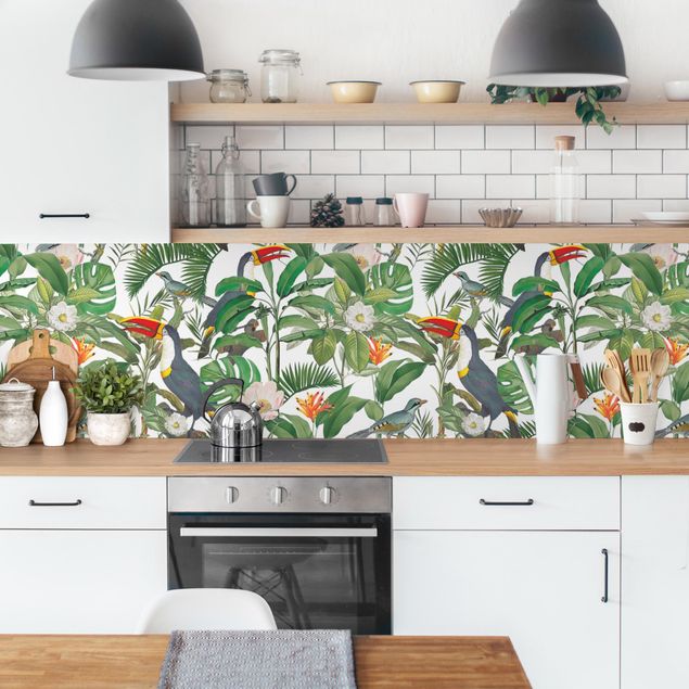 Kitchen splashback animals Tropical Toucan With Monstera And Palm Leaves