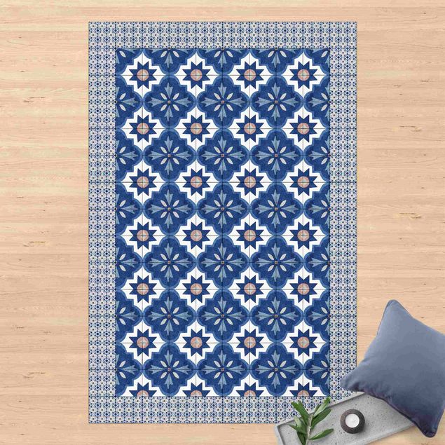 outdoor patio rugs Moroccan Tiles Watercolour Blue With Tile Frame