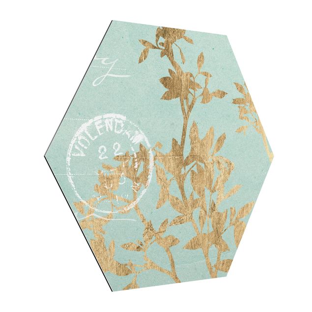 Floral canvas Golden Leaves On Turquoise II