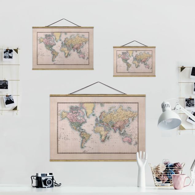 Fabric print with posters hangers Vintage World Map Around 1850