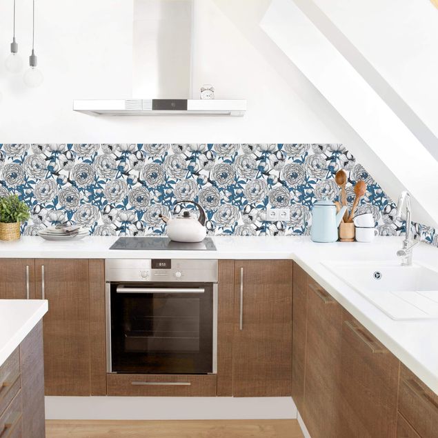 Kitchen splashback patterns Peonies And Tomtits In White And Blue