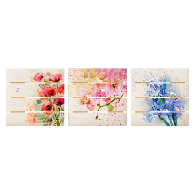 Wood photo prints Watercolour Flower Trio