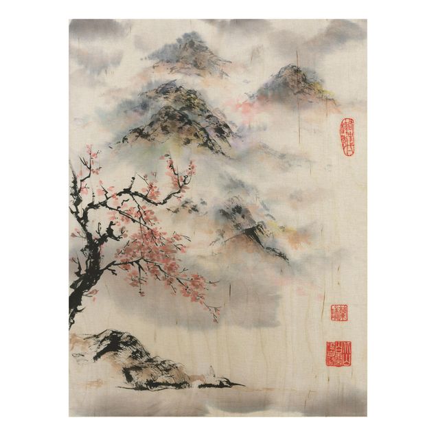 Wood prints flower Japanese Watercolour Drawing Cherry Tree And Mountains