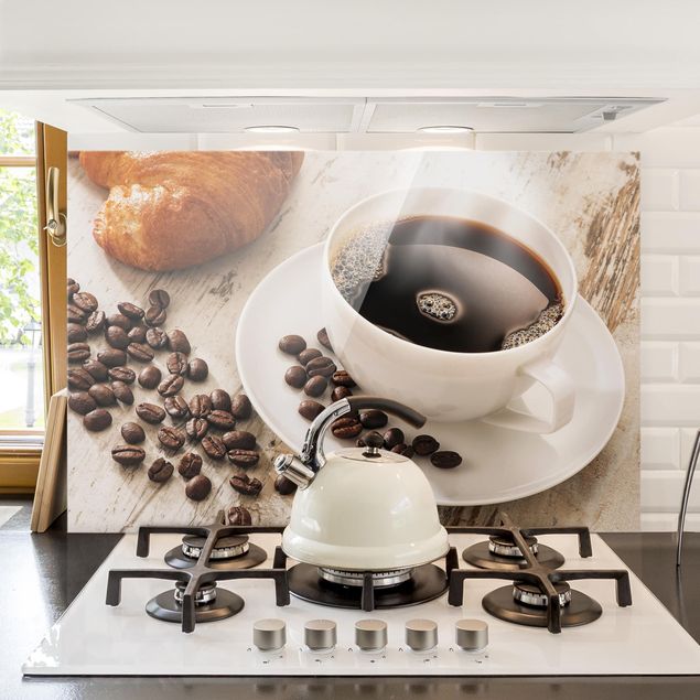Kitchen Steaming Coffee Cup With Coffee Beans