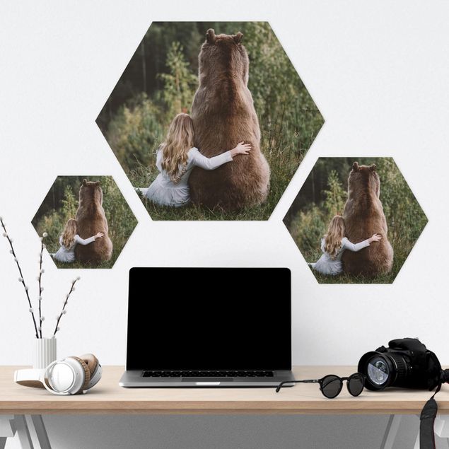 Hexagon photo prints Girl With Brown Bear