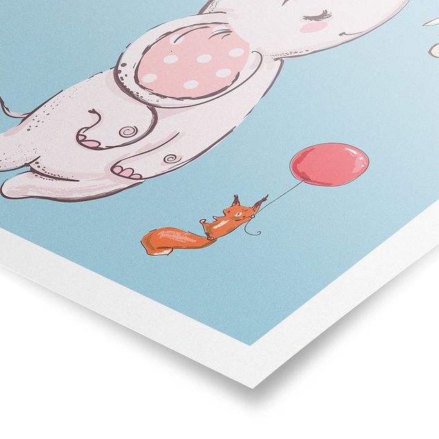 Prints modern Elephant, Rabbit And Squirrel Flying