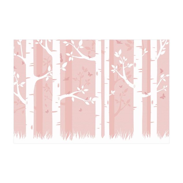 forest theme rug Pink Birch Forest With Butterflies And Birds