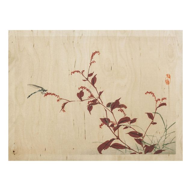 Wood prints flower Asian Vintage Drawing Red Branch With Dragonfly