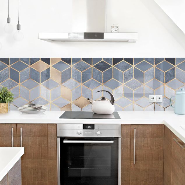 Kitchen splashback abstract Blue White Golden Geometry