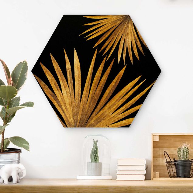 Wood prints flower Gold - Palm Leaf On Black