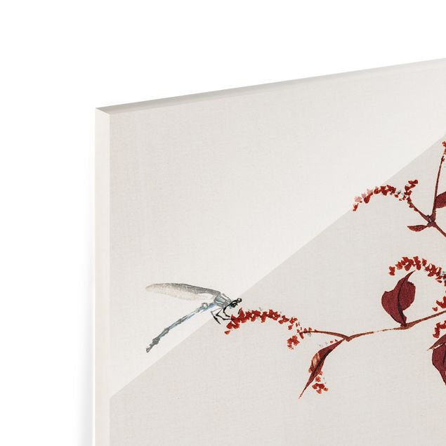 Glass Splashback - Asian Vintage Drawing Red Branch With Dragonfly - Landscape 2:3