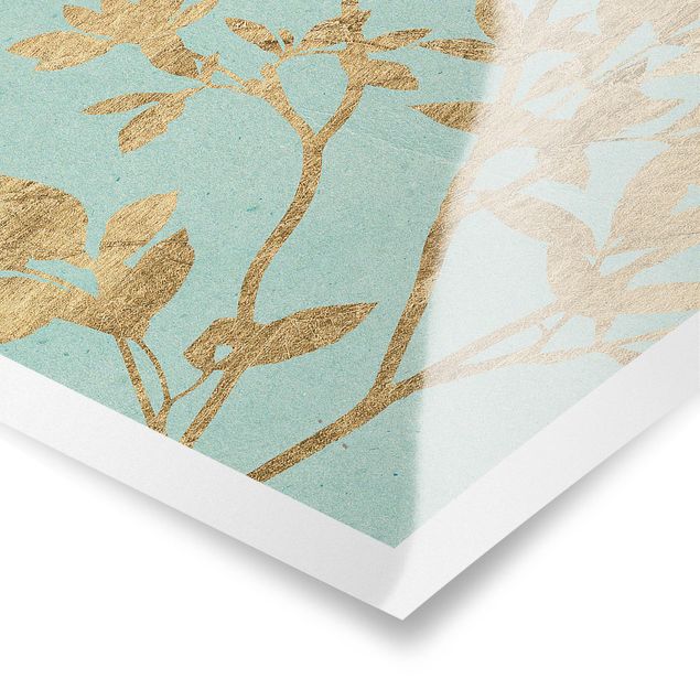 Prints Golden Leaves On Turquoise II