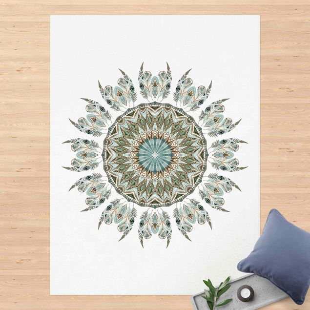 outdoor mat Mandala Watercolours Feathers Hand Painted Blue Green