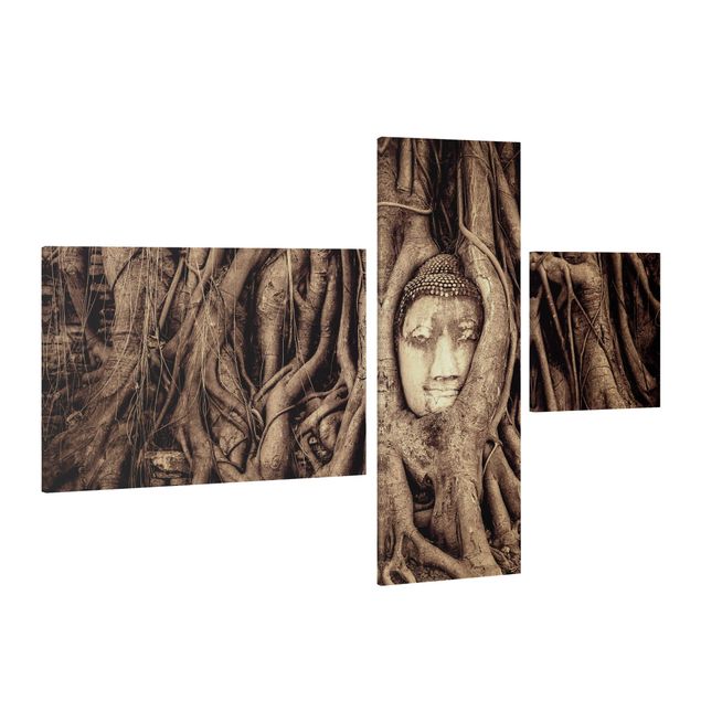 Trees on canvas Buddha In Ayutthaya Lined From Tree Roots In Brown