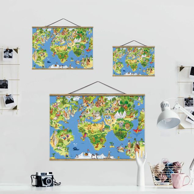Fabric print with posters hangers Great and Funny Worldmap