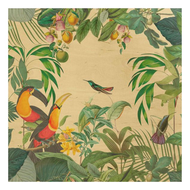 Wood prints flower Vintage Collage - Birds In The Jungle