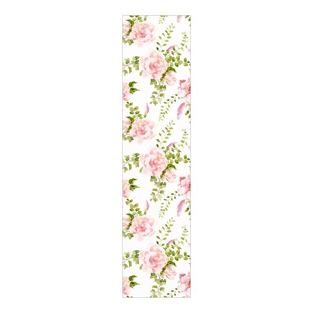 Sliding panel curtains patterns Green Leaves With Pink Flowers In Watercolour