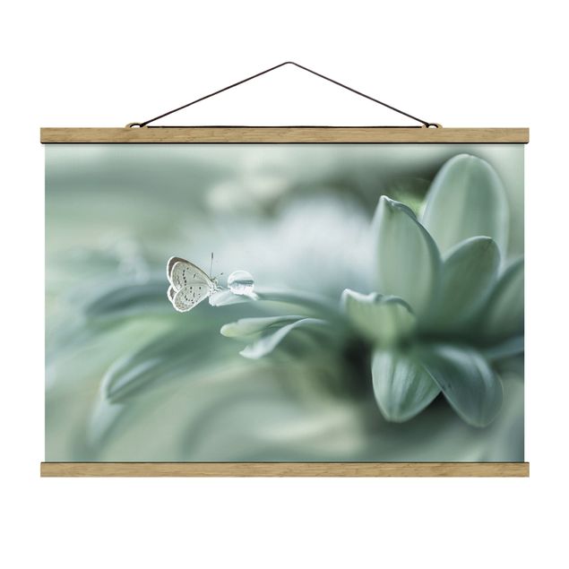 Floral canvas Butterfly And Dew Drops In Pastel Green