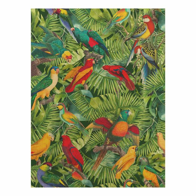 Wood prints flower Colourful Collage - Parrots In The Jungle