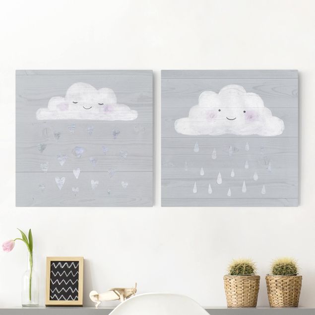Kids room decor Clouds With Silver Hearts And Drops Set I