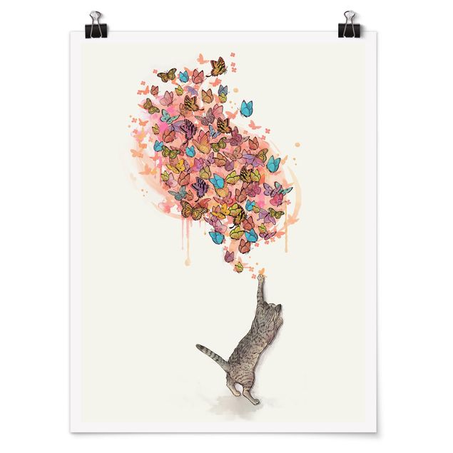 Art prints Illustration Cat With Colourful Butterflies Painting