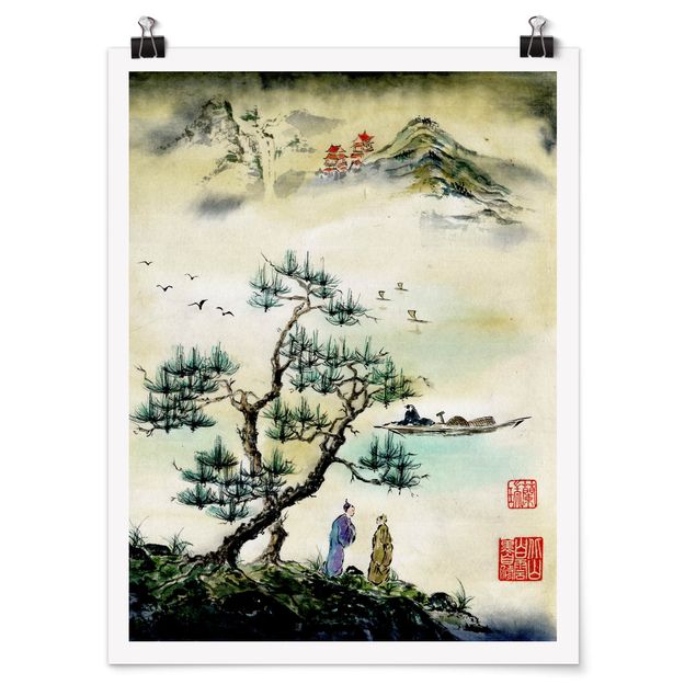 Tree print Japanese Watercolour Drawing Pine And Mountain Village