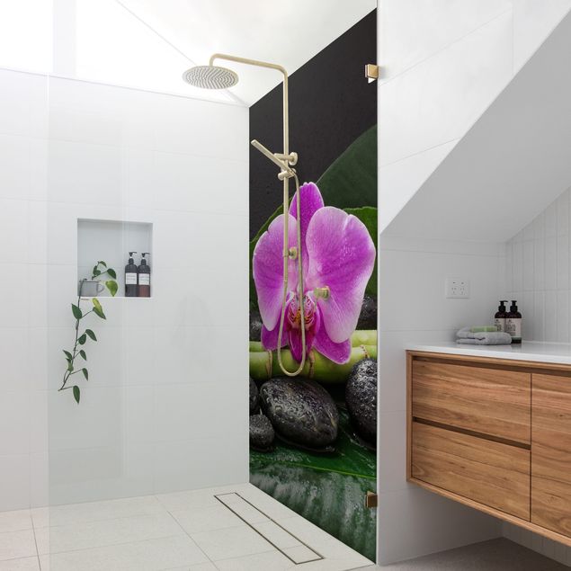 Shower wall cladding Green bamboo With Orchid Flower
