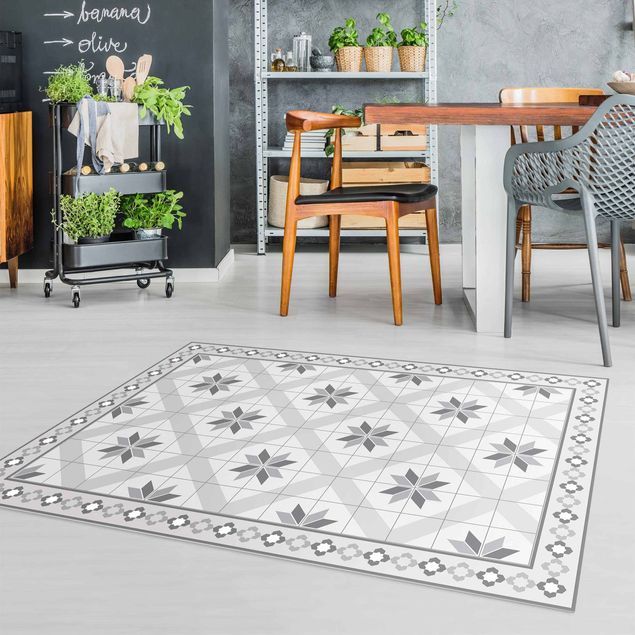 Kitchen Geometrical Tiles Rhombal Flower Grey With Border