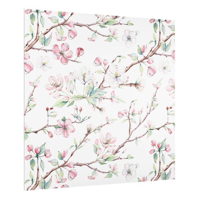 Glass splashback kitchen flower Watercolour Branches Of Apple Blossom In Light Pink And White