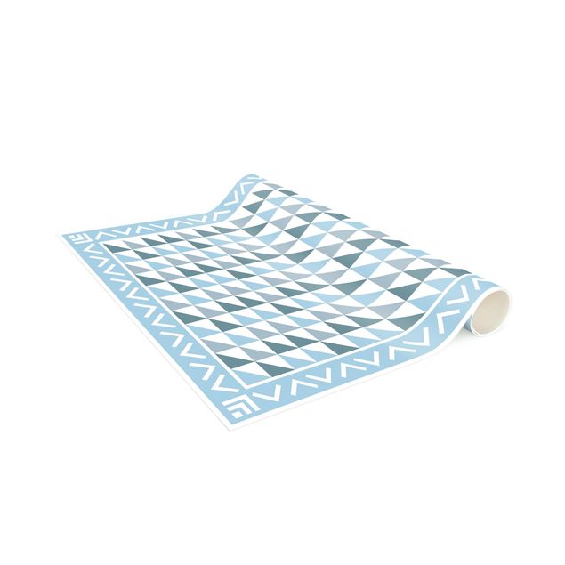 kitchen runner rugs Geometrical Tiles small Triangles Pigeon Blue With Border