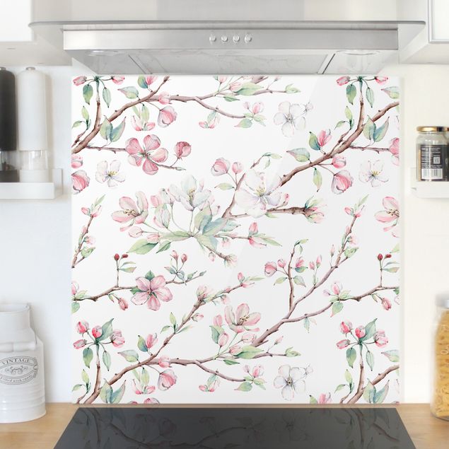 Kitchen Watercolour Branches Of Apple Blossom In Light Pink And White