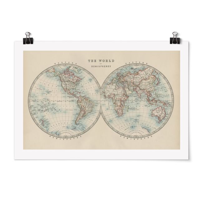 Printable world map Vintage World Map The Two Hemispheres