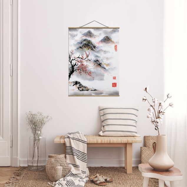 Mountain prints Japanese Watercolour Drawing Cherry Tree And Mountains