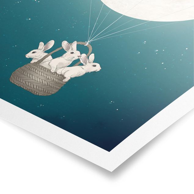 Turquoise prints Illustration Rabbits Moon As Hot-Air Balloon Starry Sky