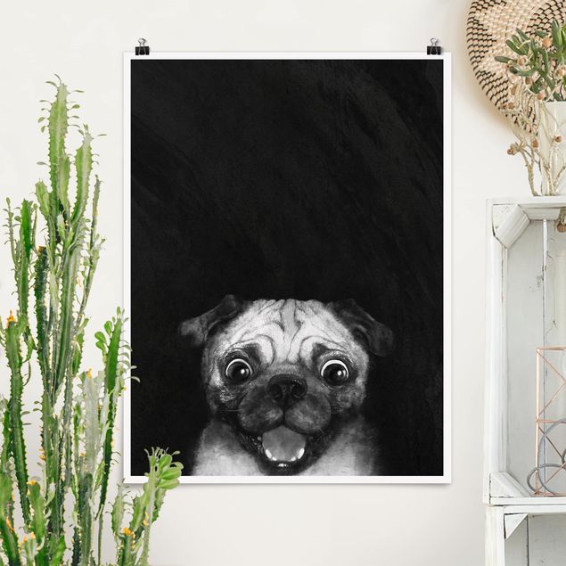 Dog print Illustration Dog Pug Painting On Black And White