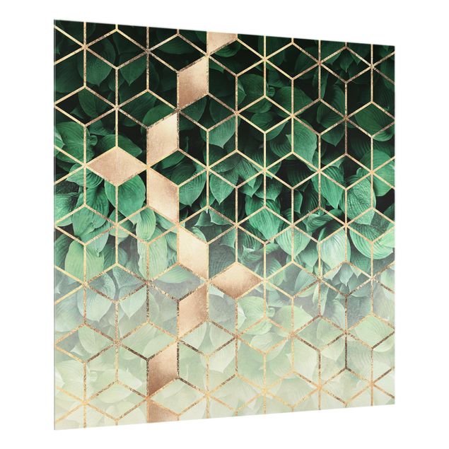 Glass splashback art print Green Leaves Golden Geometry