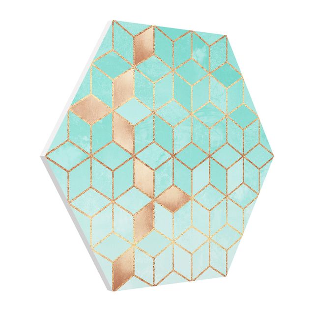 Abstract art prints Turquoise White Golden Geometry