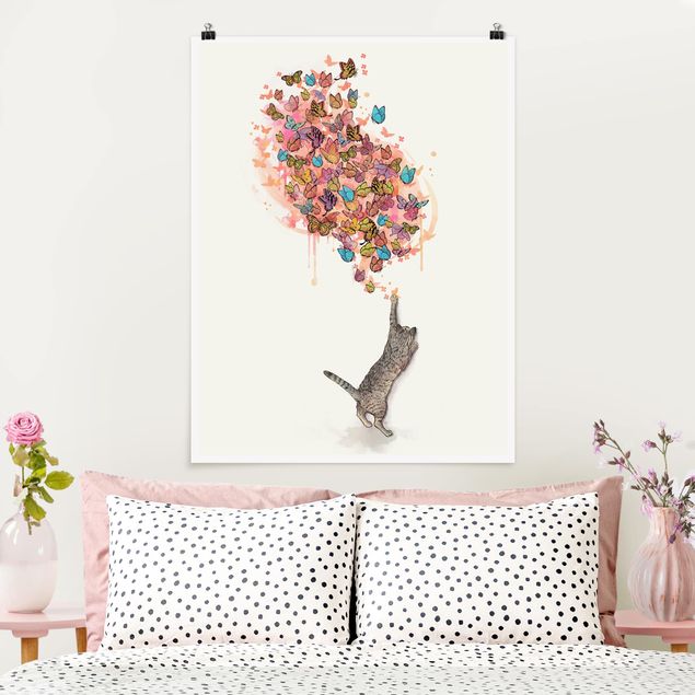 Kitchen Illustration Cat With Colourful Butterflies Painting