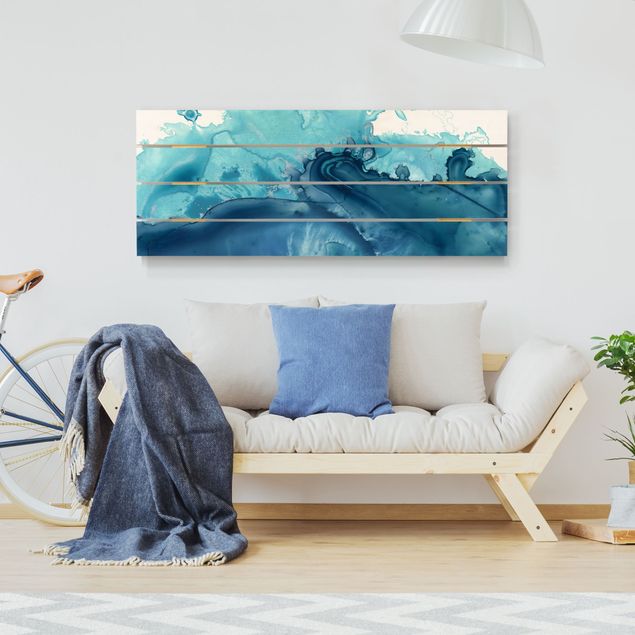 Wood prints landscape Wave Watercolour Blue l